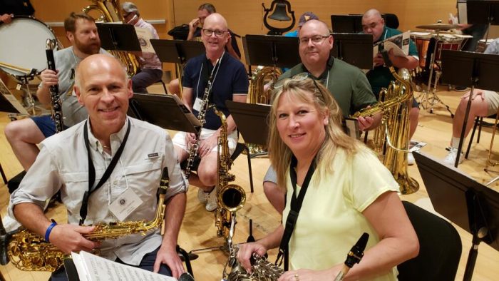 Saxophones and winds: Russell Dumond, Karen Mietz Altman, (back row) Matt Schutt, Steve Kimball, Larry Munoz Saxophones and winds